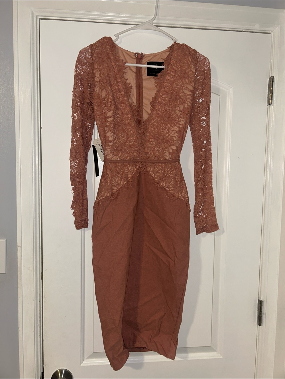 Long Sleeve Lace Bodice Midi Dress in Nude